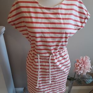 OLIVE & OAK Orange Striped Drawstring Waist Dress